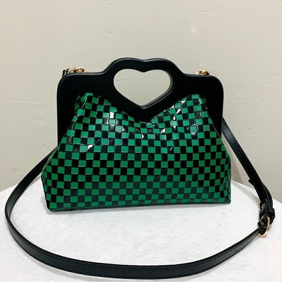 Handmade Genuine Cowhide Check Embossed, Chic Heart Shaped Wooden Frame Satchel - Picture 2 of 16